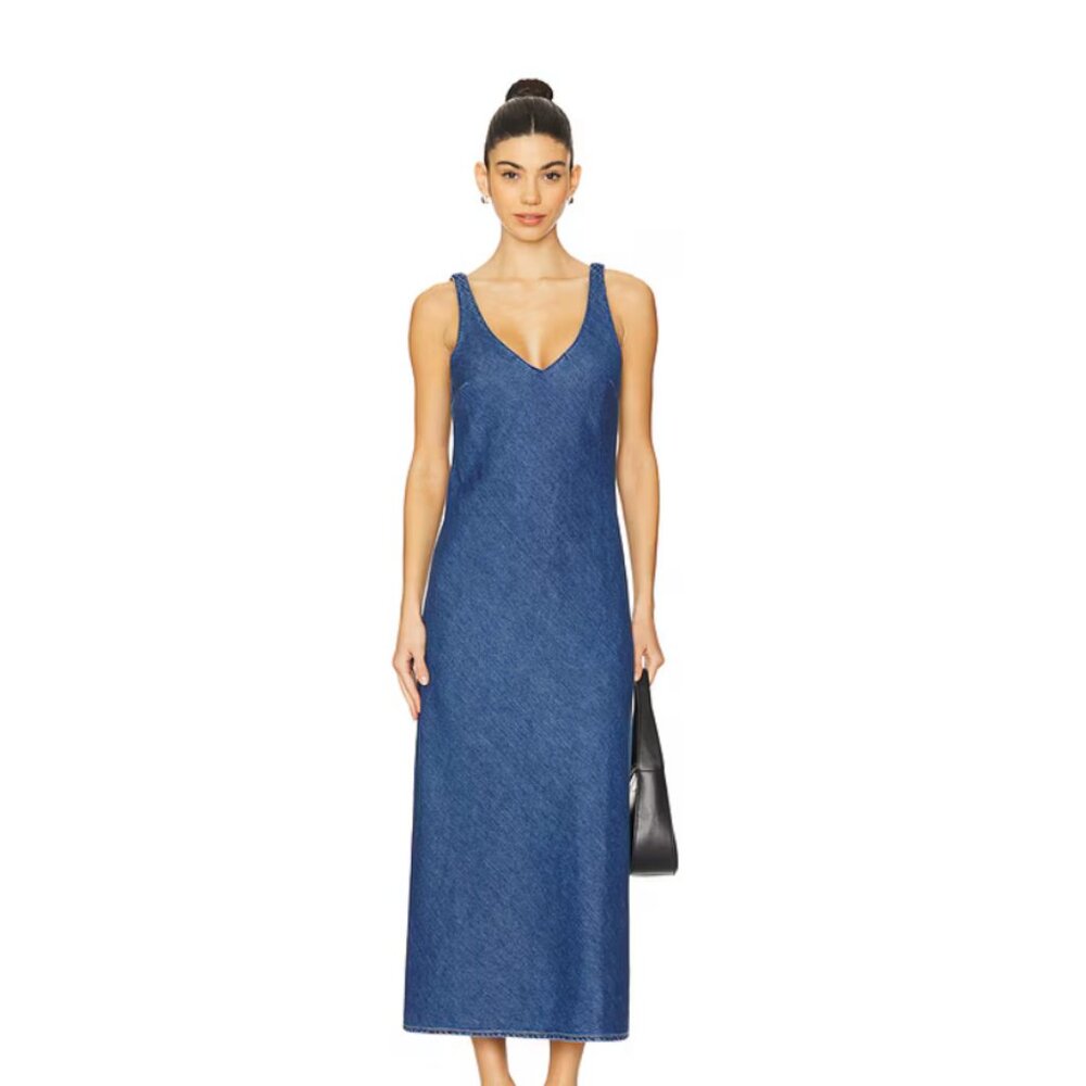 LNA Denim V Slip Dress in Soft Denim